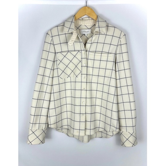 Derek Lam 10 Crosby Plaid Shirt Jacket in Beige • Navy Blue Grid Check • M - Picture 8 of 10